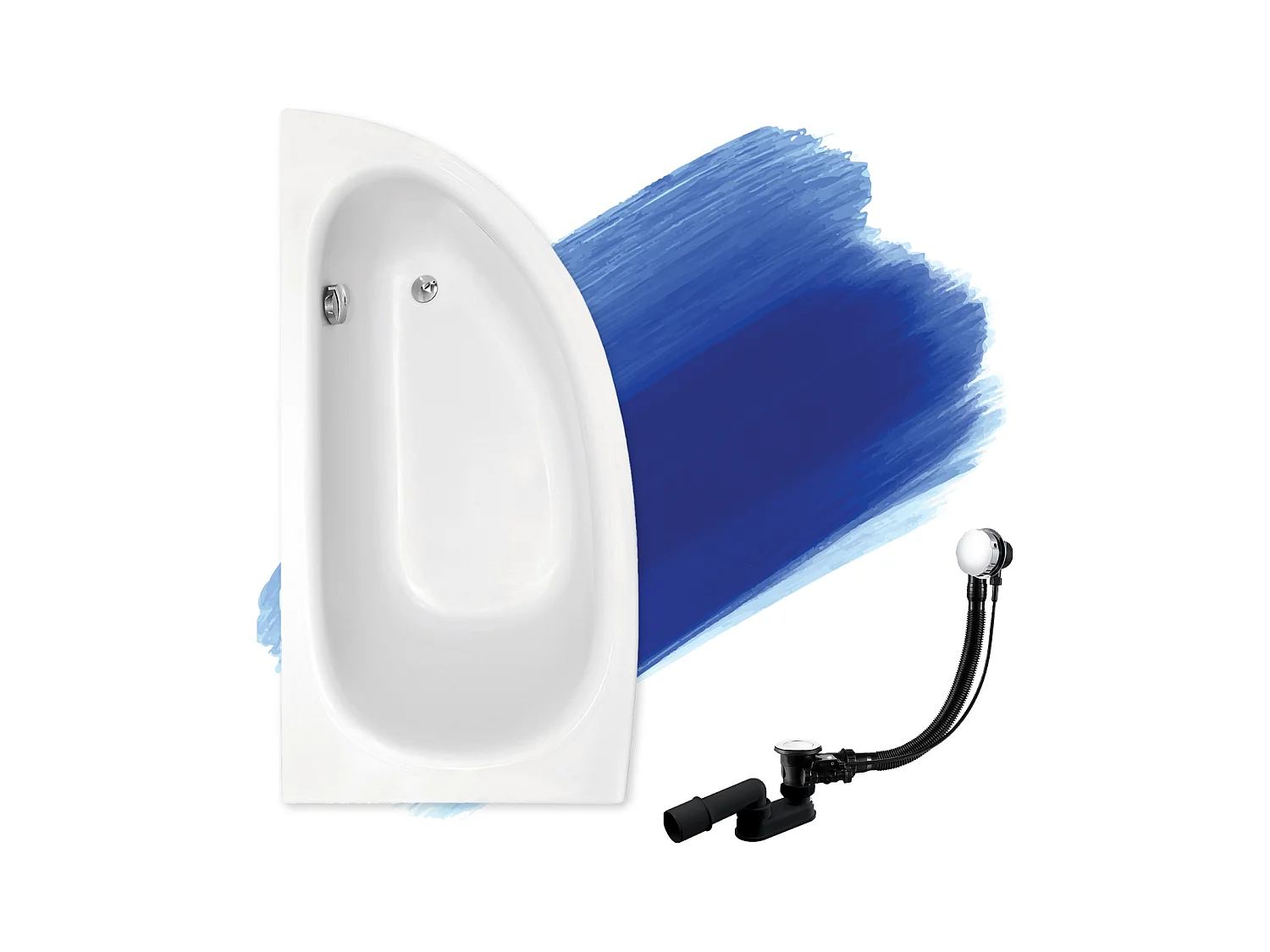 Baignoire asymétrique 150x70 Gauche MILENA acrylique blanc, sans Habillage + Pieds + Vidage à chromé