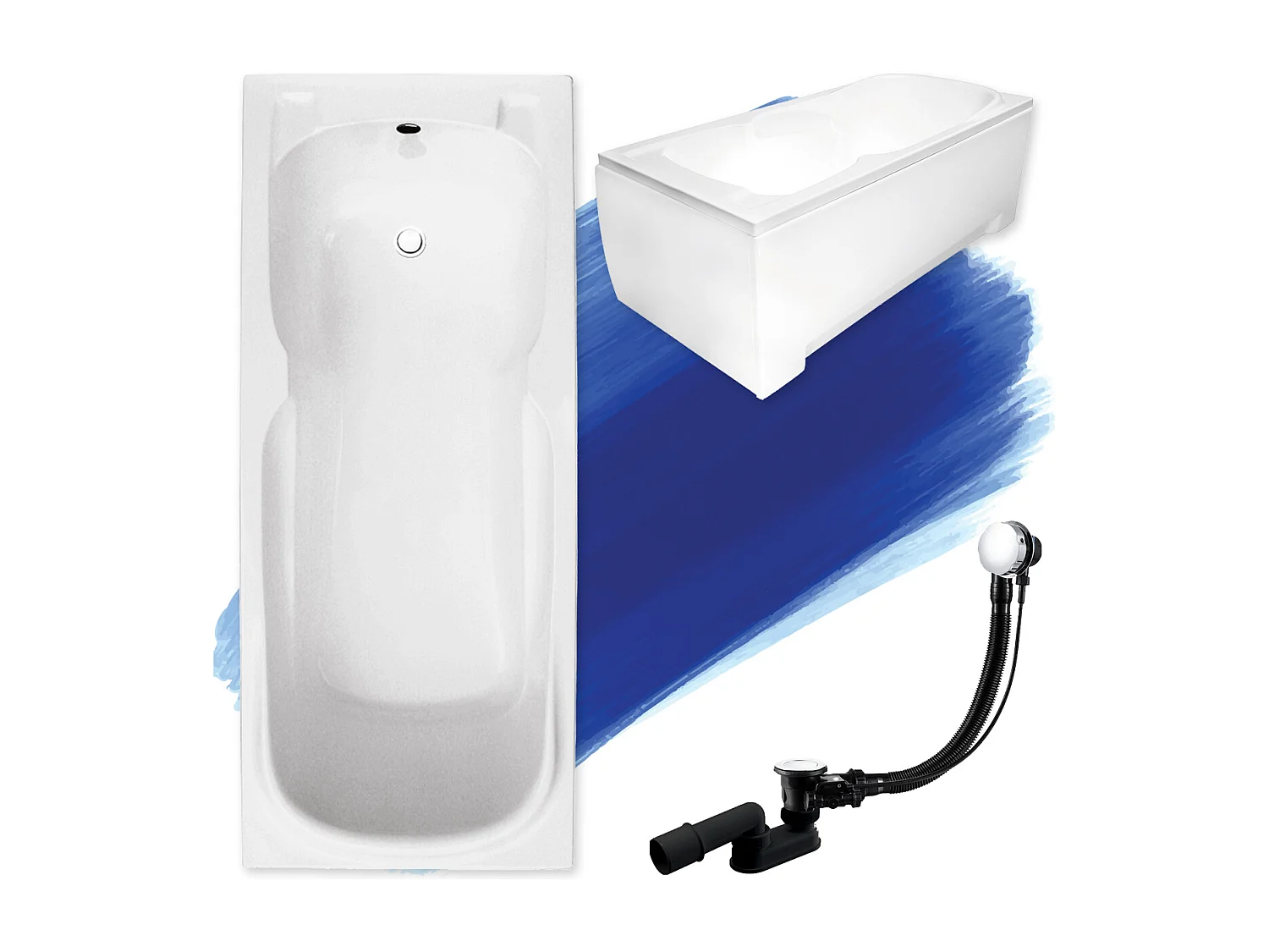 Baignoire rectangulaire 170x70 MAJKA acrylique blanc + avec Tablier + Pieds + Vidage à chromé