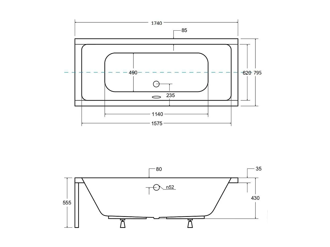 Badewanne Rechteck QUADRO 175x80 + Bambus Badewannenablage + Kopfstütze KODI | Ablauf & Füße GRATIS !