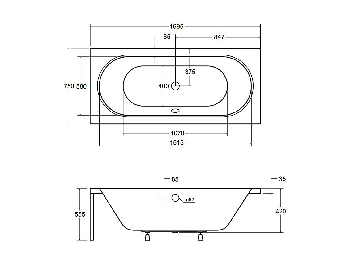 Baignoire rectangulaire 170x75 VITAE acrylique blanc + Support stabilisateur en polystyrène + Pieds + Vidage à chromé