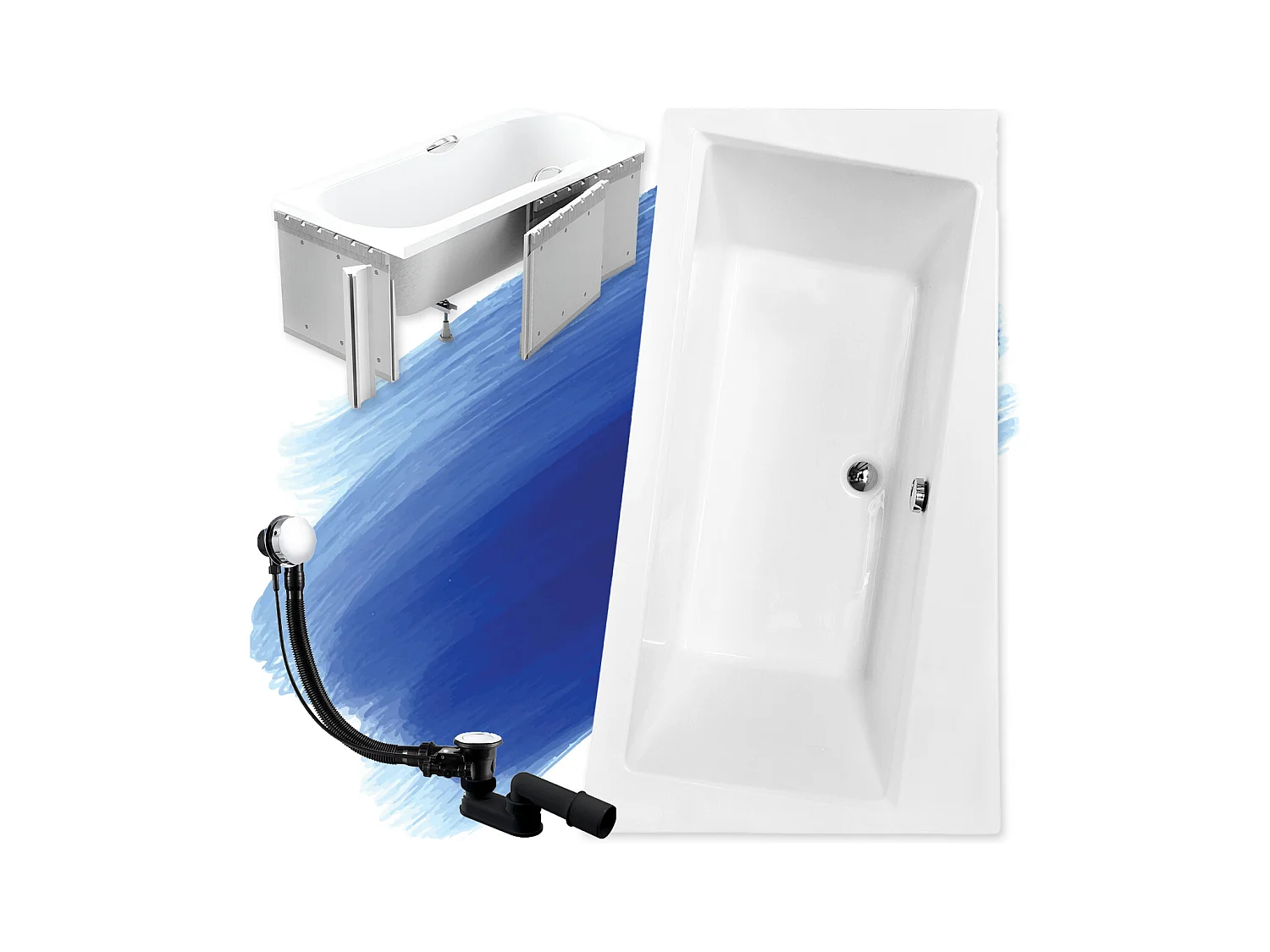 Baignoire asymétrique 160x100 Droite INFINITY acrylique blanc + Habillage en polystyrène + Pieds + Vidage à chromé