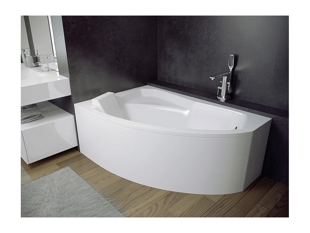 Baignoire asymétrique 150x95 Gauche RIMA acrylique blanc + Habillage en polystyrène + Repose Tête + Pieds + Vidage à chromé
