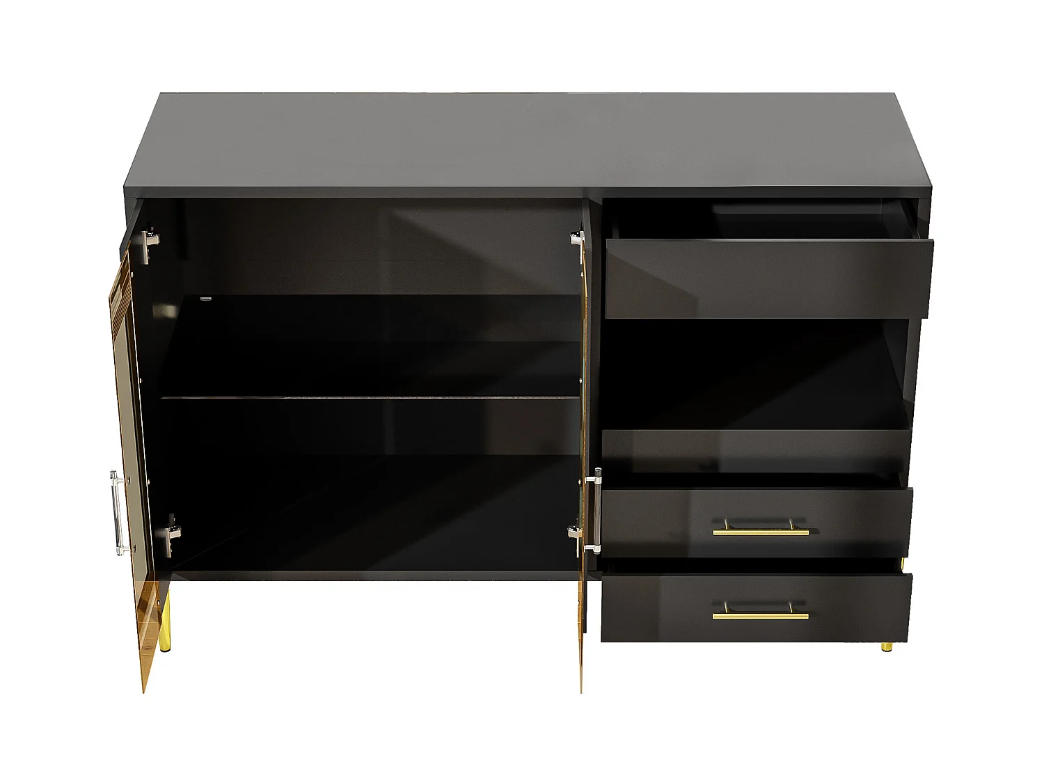 Buffet noir - Buffet avec 2 portes vitrées et 3 tiroirs - 1 compartiment de rangement ouvert - pour salle à manger et salon