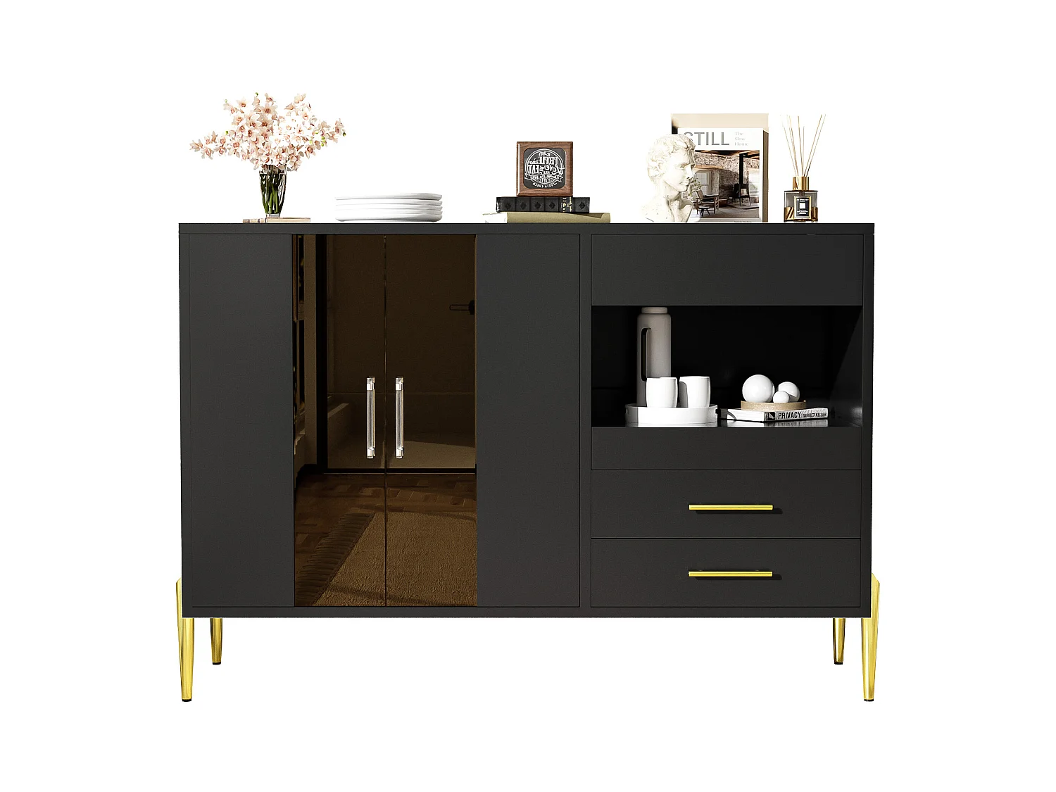 Buffet noir - Buffet avec 2 portes vitrées et 3 tiroirs - 1 compartiment de rangement ouvert - pour salle à manger et salon