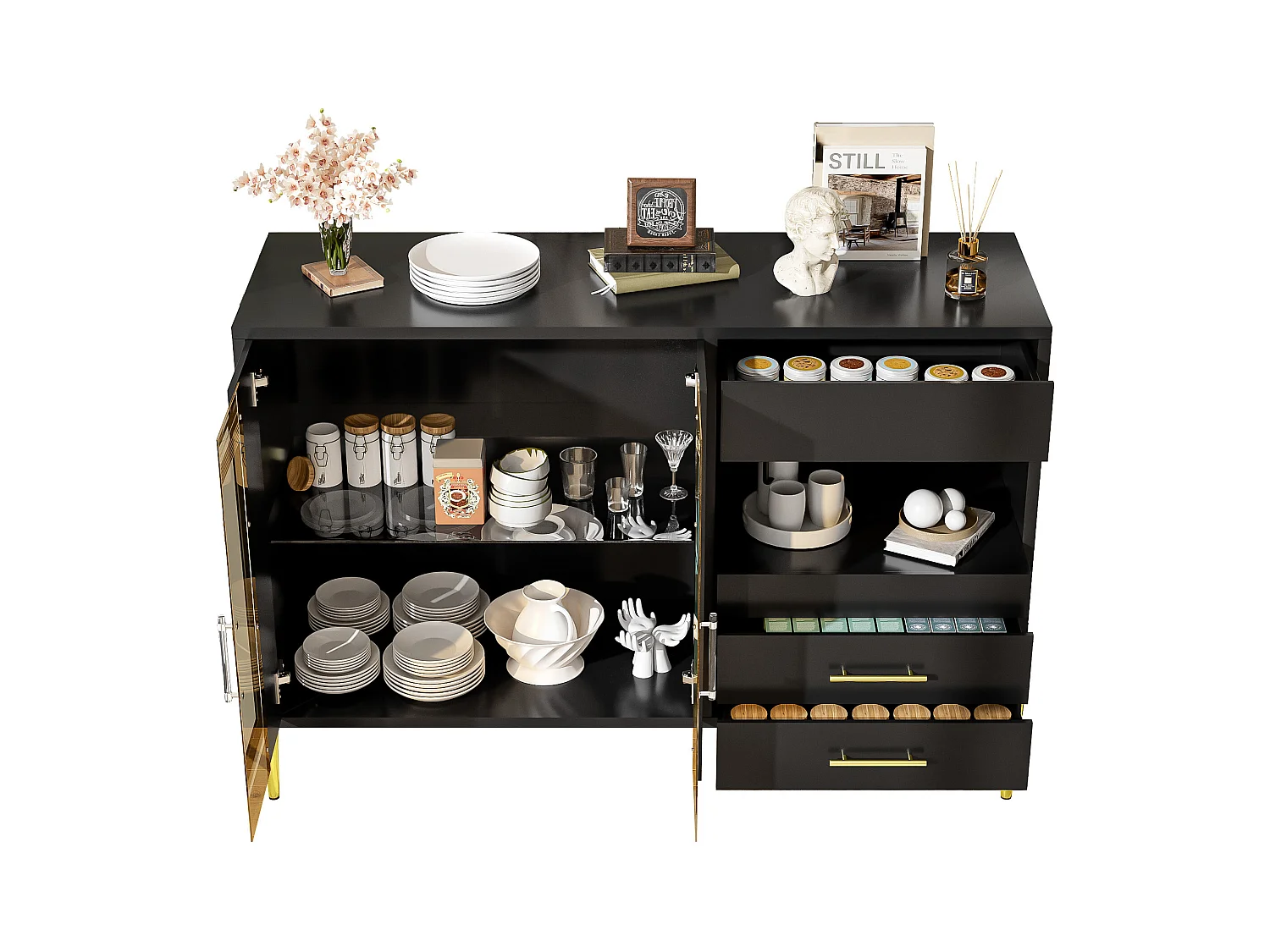 Buffet noir - Buffet avec 2 portes vitrées et 3 tiroirs - 1 compartiment de rangement ouvert - pour salle à manger et salon