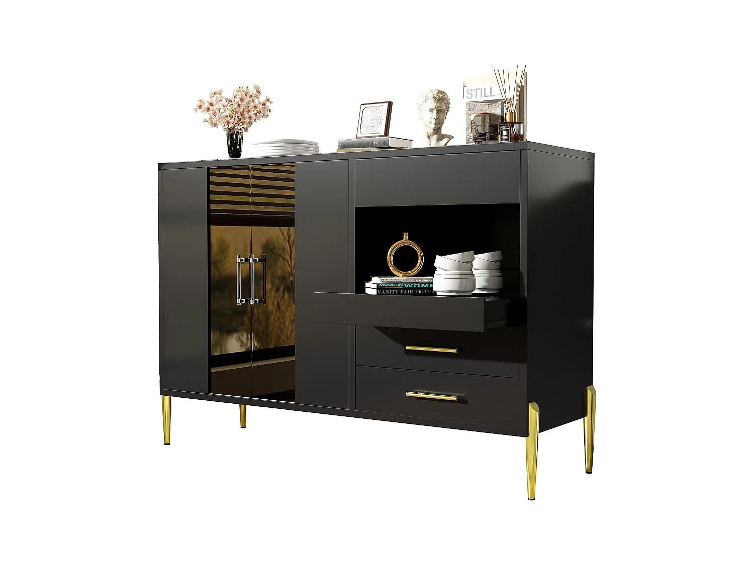 Buffet noir - Buffet avec 2 portes vitrées et 3 tiroirs - 1 compartiment de rangement ouvert - pour salle à manger et salon