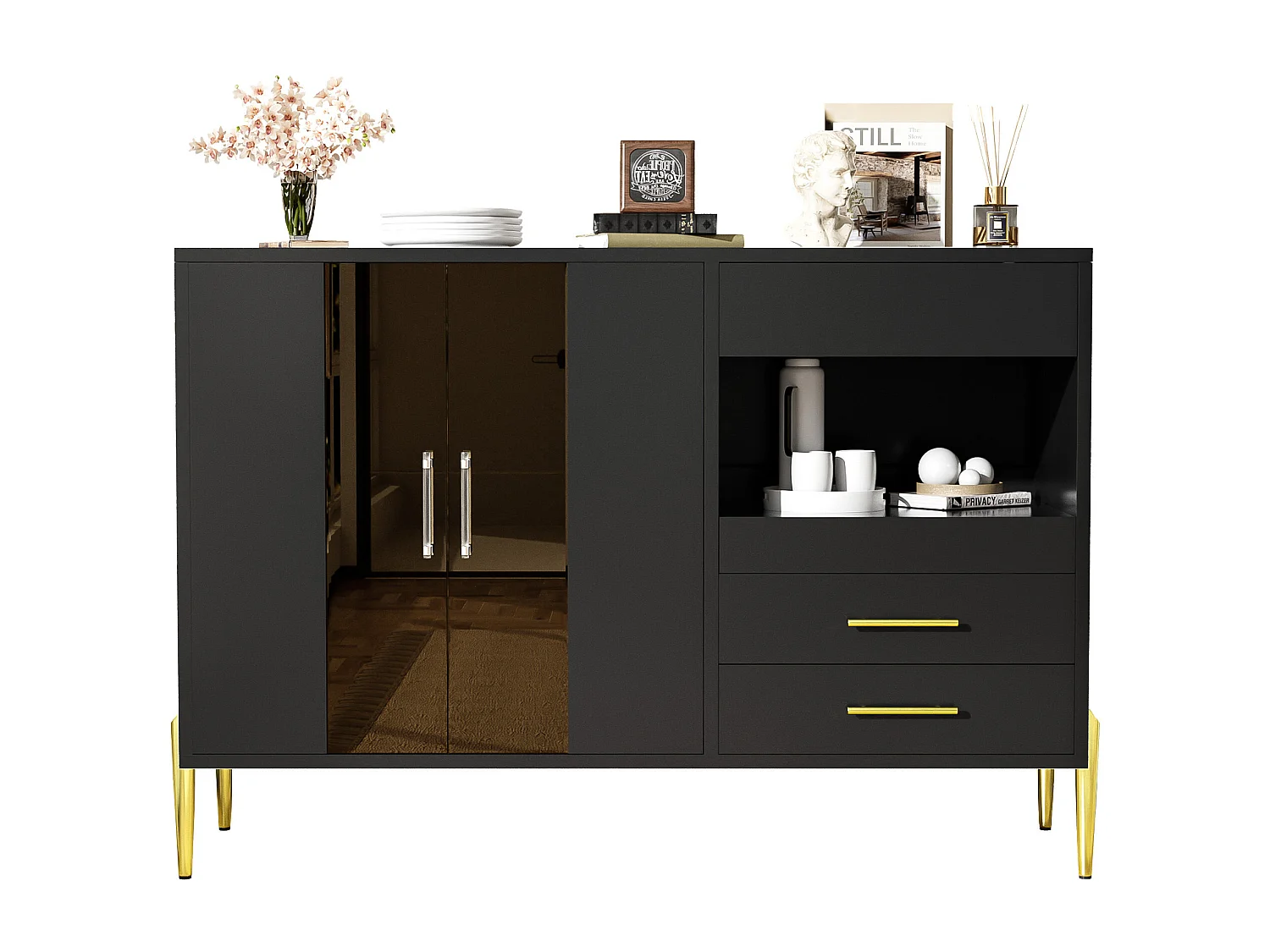 Zwarte Dressoir - Dressoir met 2 glazen deuren en 3 lades - 1 open opbergvak - voor eetkamer en woonkamer