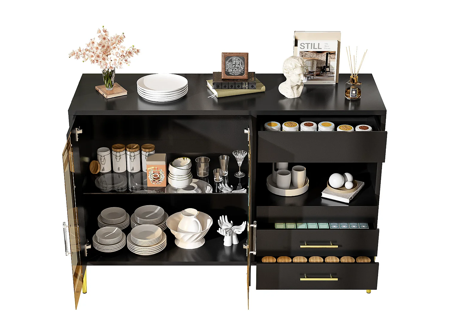 Zwarte Dressoir - Dressoir met 2 glazen deuren en 3 lades - 1 open opbergvak - voor eetkamer en woonkamer