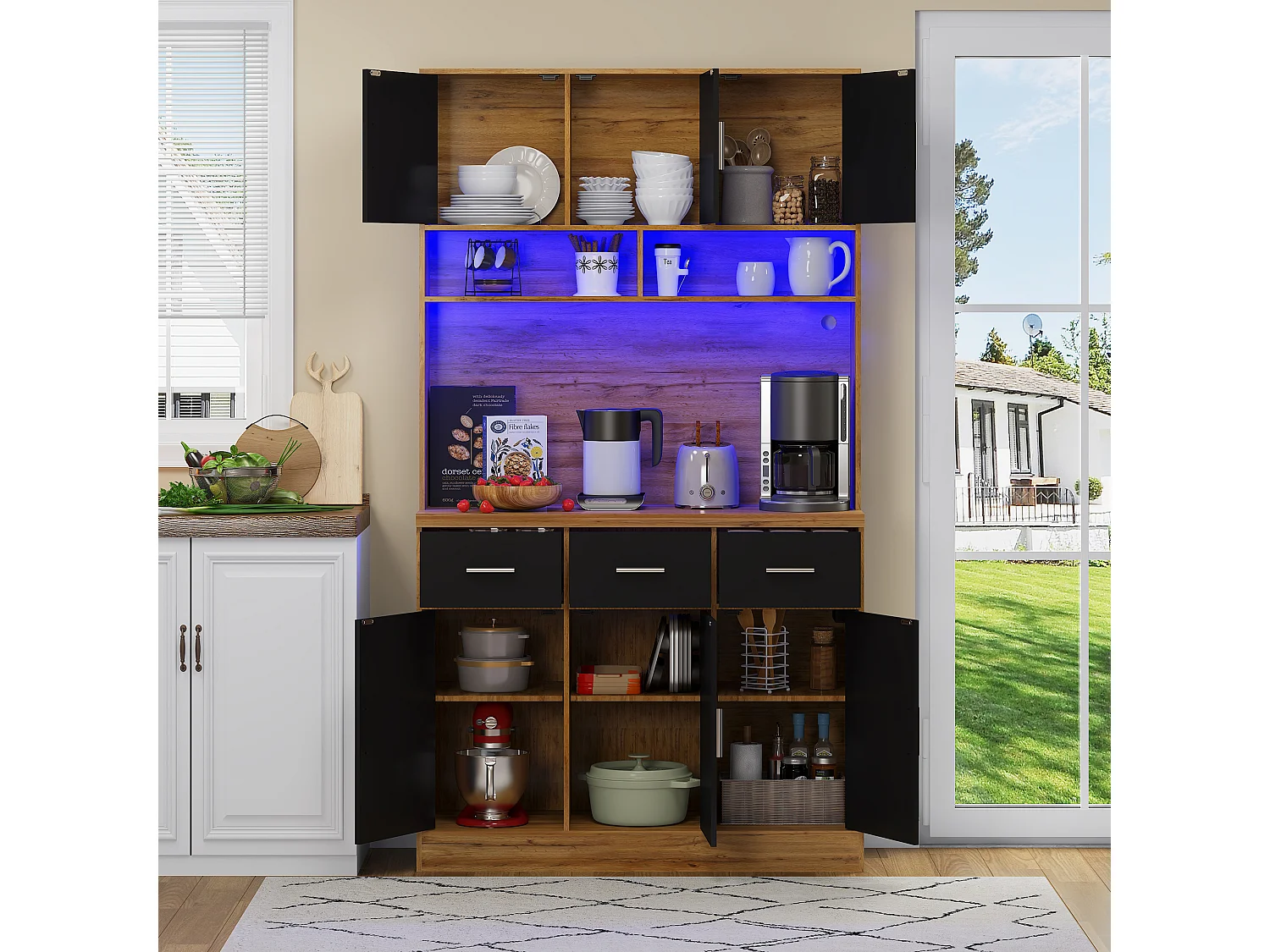 Buffet haut bois - Buffet avec 6 portes et 3 tiroirs - lumière LED et chargement USB - pour cuisine et salle à manger