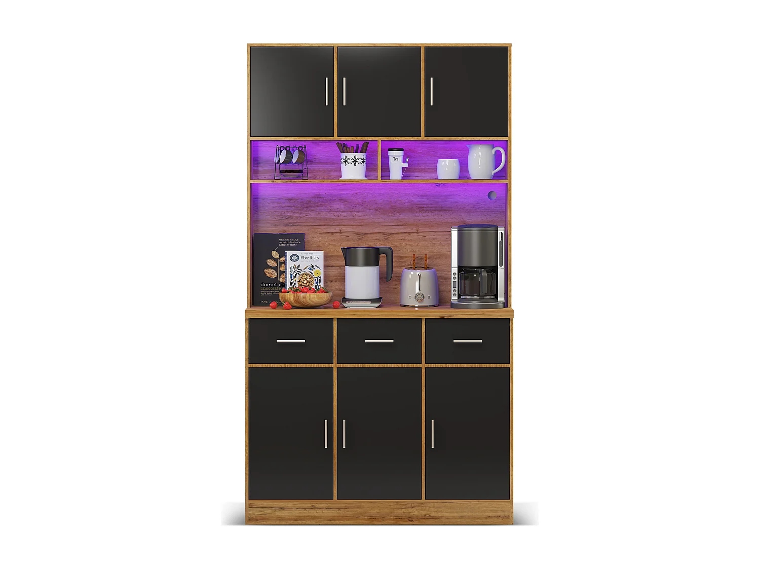 Buffet haut bois - Buffet avec 6 portes et 3 tiroirs - lumière LED et chargement USB - pour cuisine et salle à manger