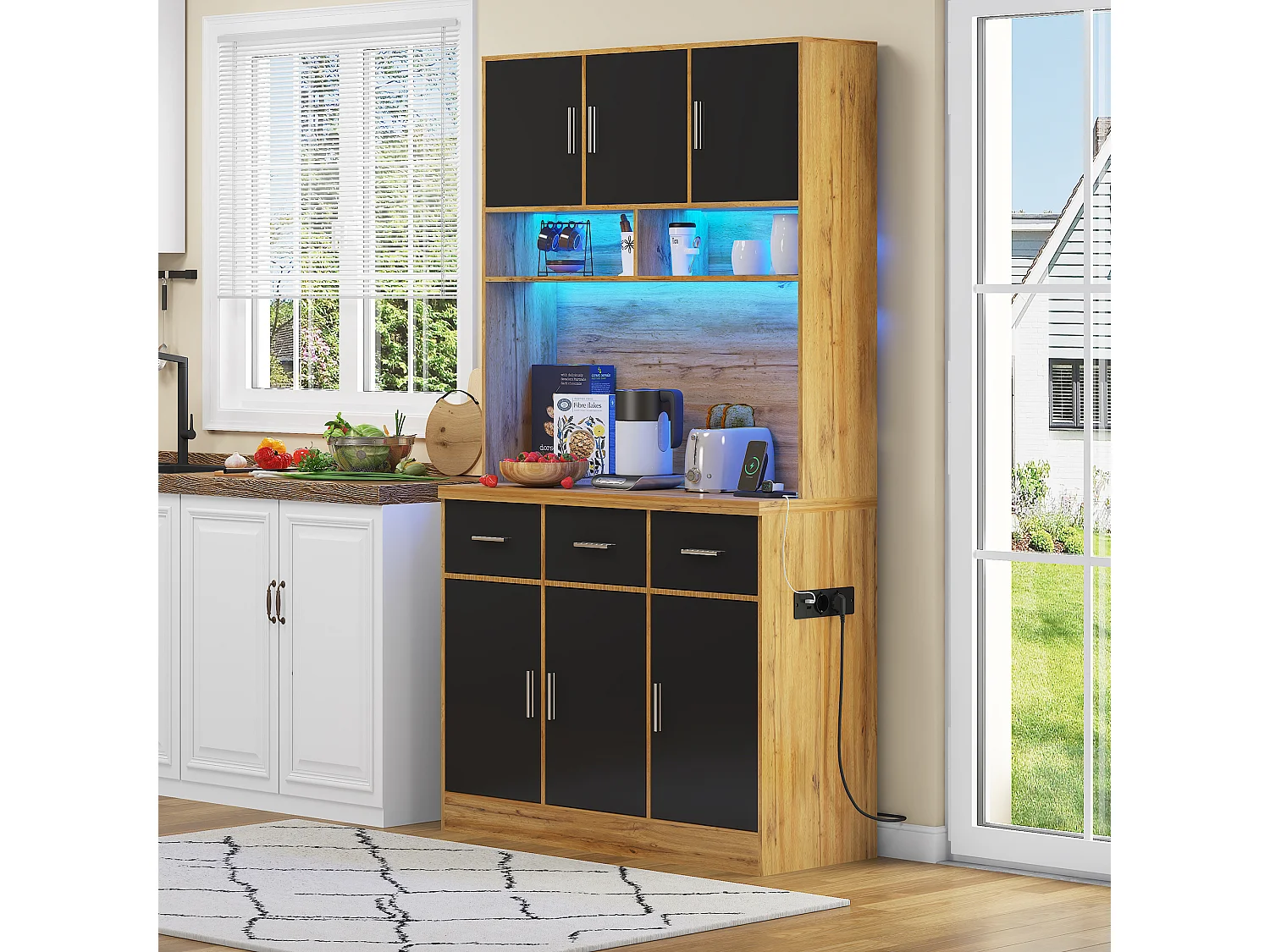 Aparador alto de madera - Aparador con 6 puertas y 3 cajones - Luz LED y carga USB - para cocina y comedor