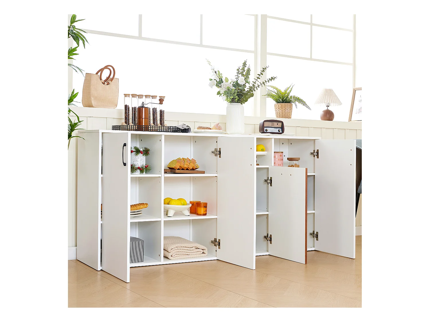 Buffet blanc - Buffet avec 4 portes et 1 rangement ouvert - pour salon et salle à manger