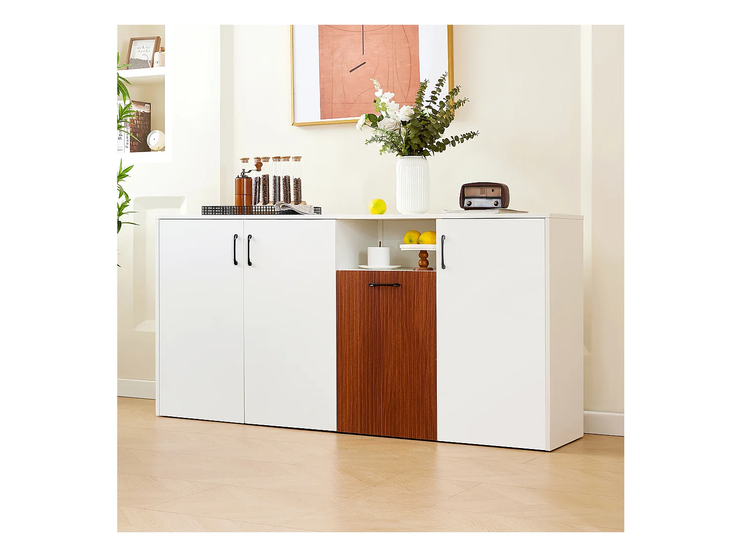 Buffet blanc - Buffet avec 4 portes et 1 rangement ouvert - pour salon et salle à manger