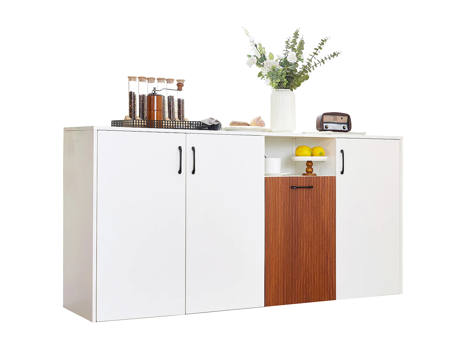 Buffet blanc - Buffet avec 4 portes et 1 rangement ouvert - pour salon et salle à manger