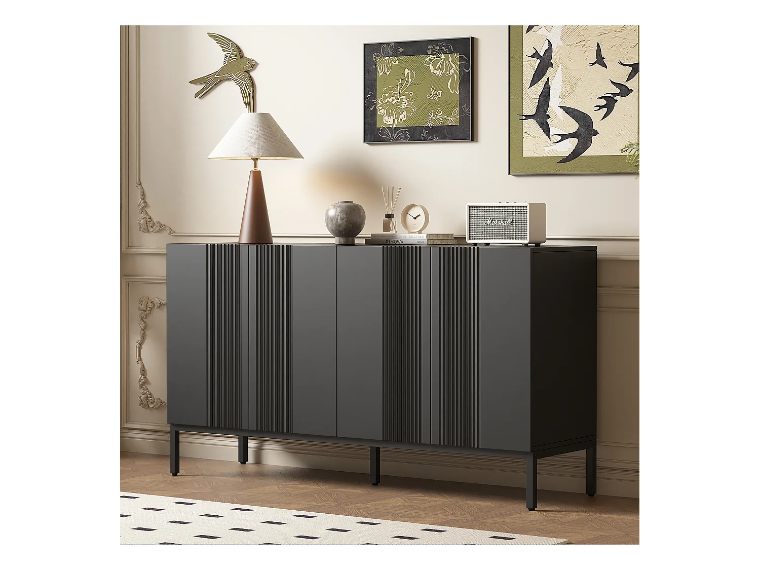 Buffet noir - Buffet avec 4 portes et étagères réglables en hauteur - pour salle à manger et salon