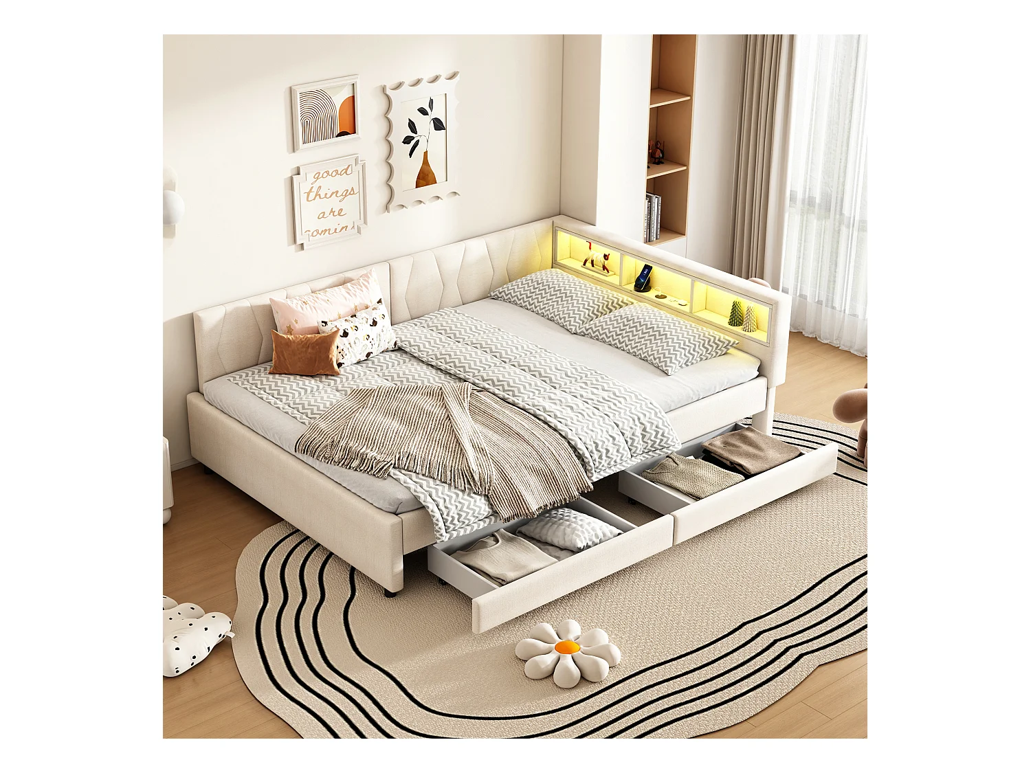 Lit adulte 140x200 cm - Lit double avec 2 tiroirs et rangement de chevet - éclairage LED et chargement USB - beige