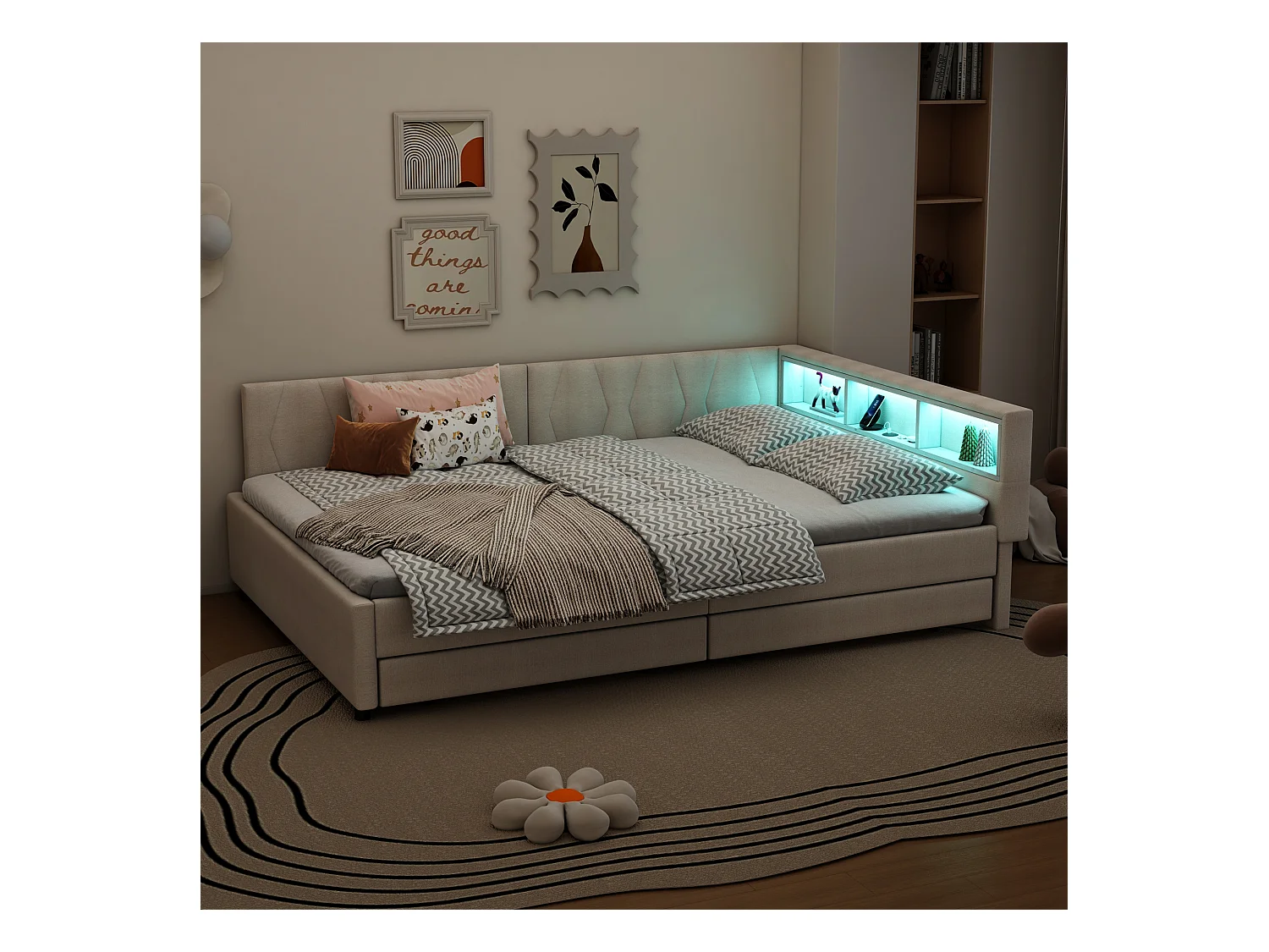 Lit adulte 140x200 cm - Lit double avec 2 tiroirs et rangement de chevet - éclairage LED et chargement USB - beige