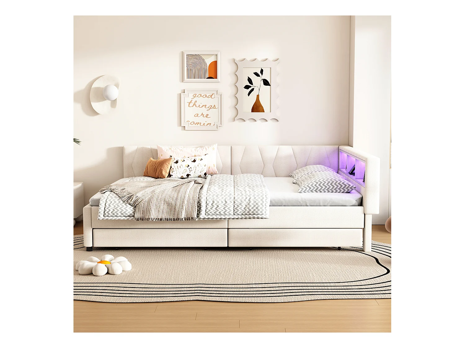 Lit adulte 140x200 cm - Lit double avec 2 tiroirs et rangement de chevet - éclairage LED et chargement USB - beige