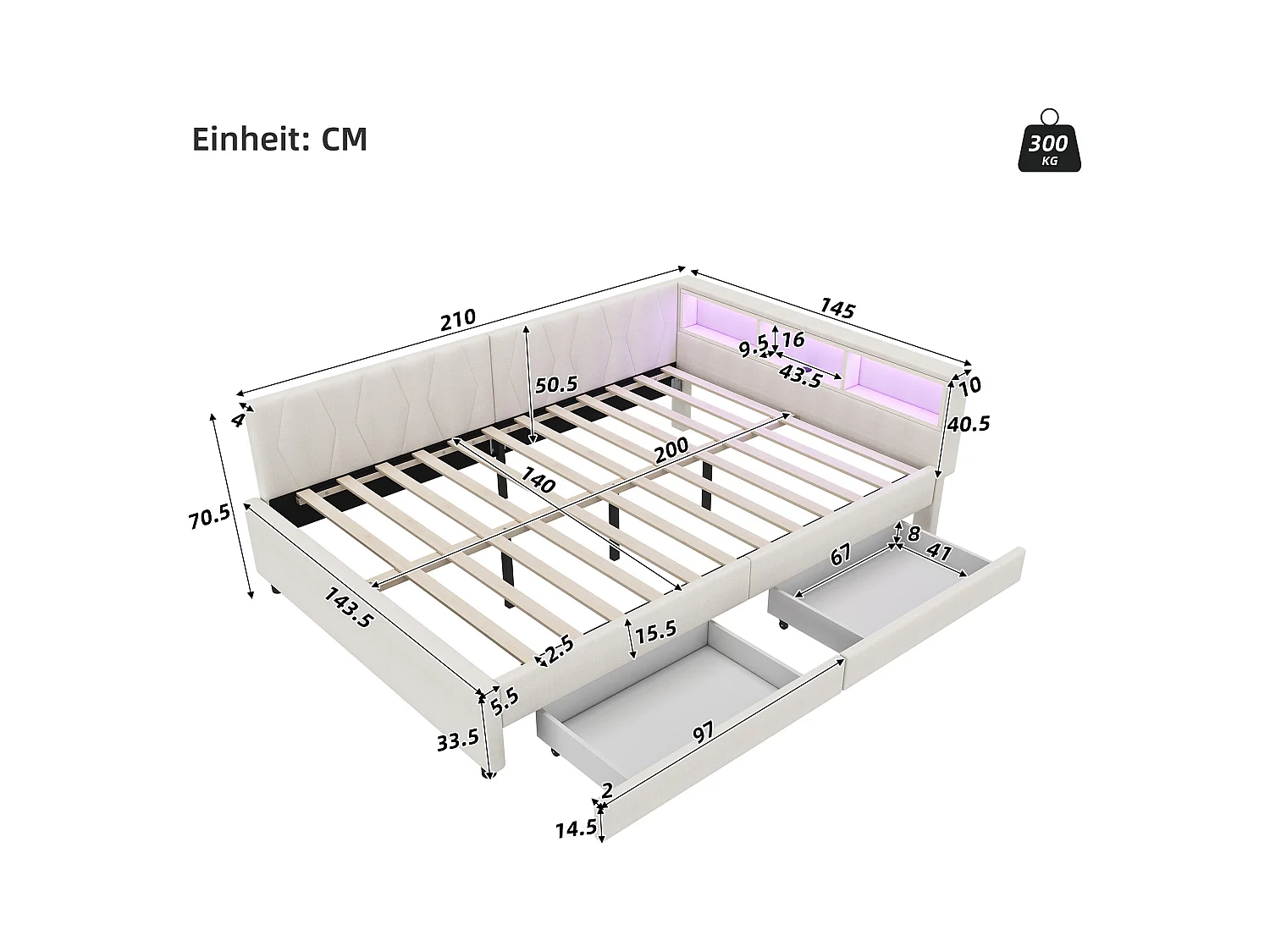 Lit adulte 140x200 cm - Lit double avec 2 tiroirs et rangement de chevet - éclairage LED et chargement USB - beige