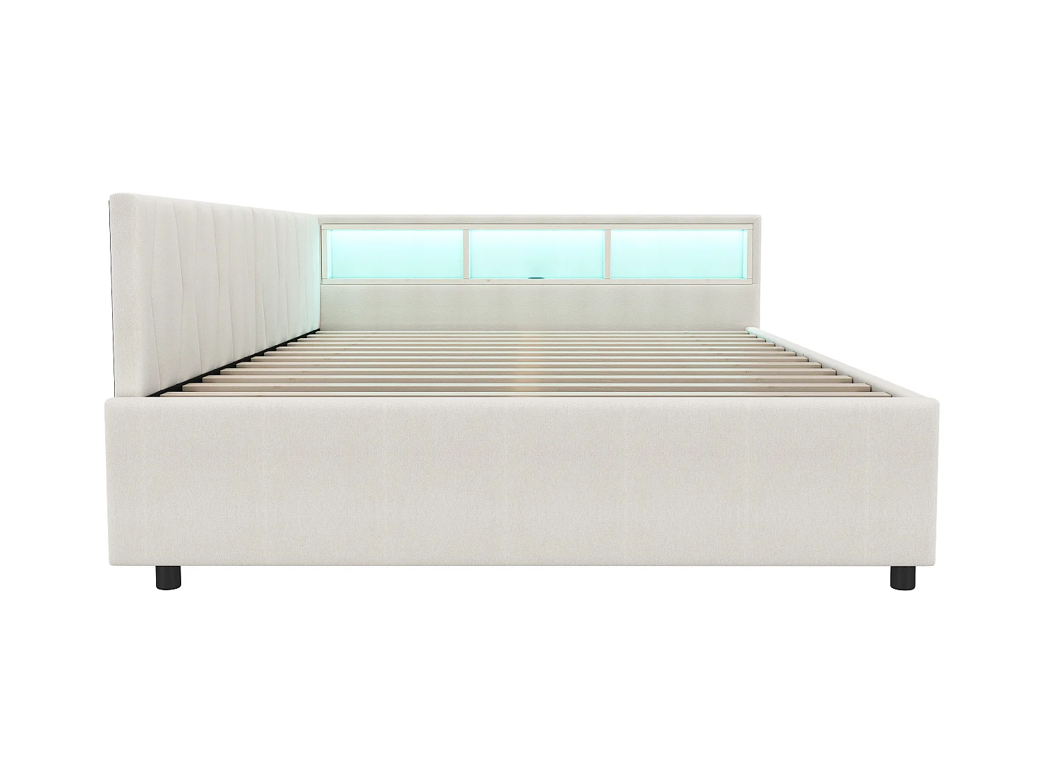 Lit adulte 140x200 cm - Lit double avec 2 tiroirs et rangement de chevet - éclairage LED et chargement USB - beige
