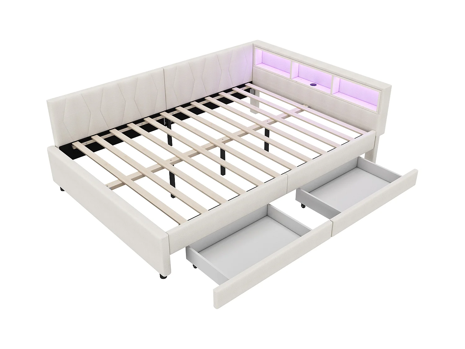 Lit adulte 140x200 cm - Lit double avec 2 tiroirs et rangement de chevet - éclairage LED et chargement USB - beige