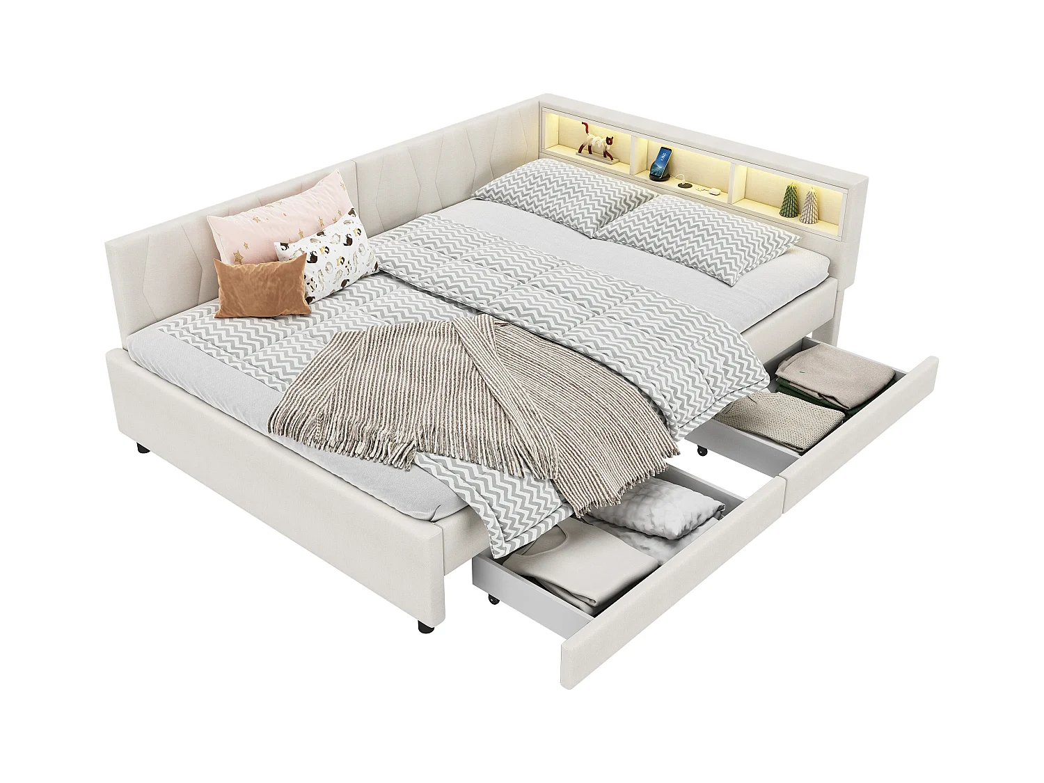 Lit adulte 140x200 cm - Lit double avec 2 tiroirs et rangement de chevet - éclairage LED et chargement USB - beige