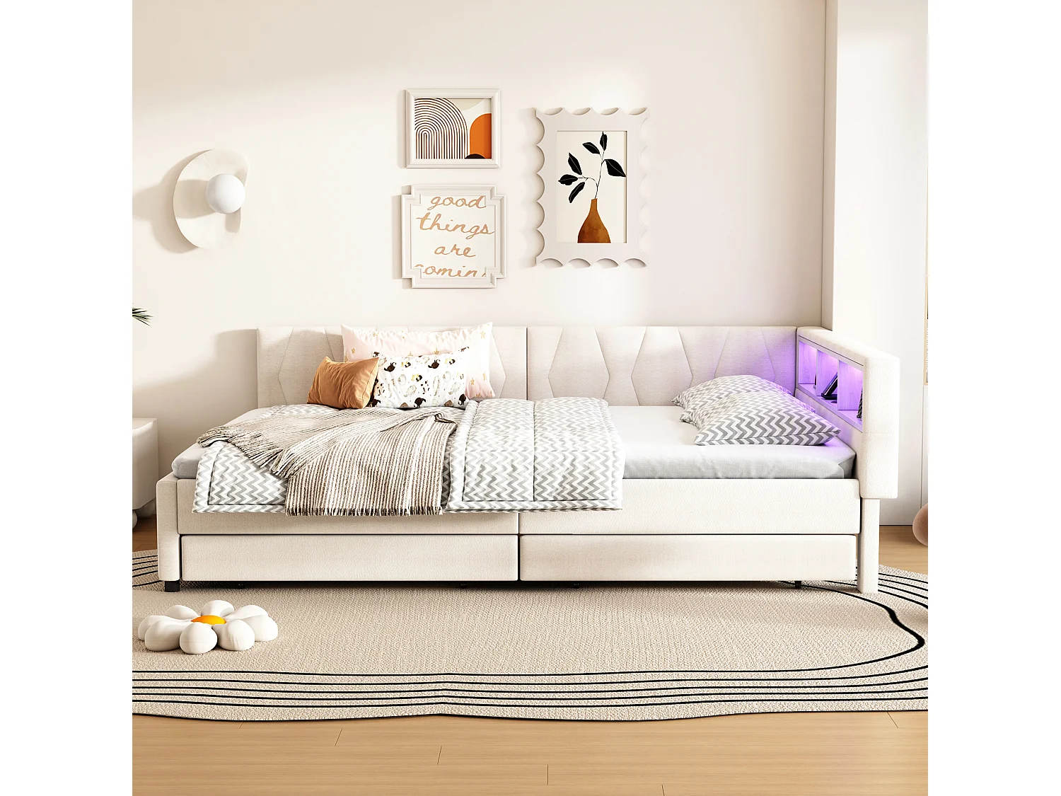 Lit adulte 140x200 cm - Lit double avec 2 tiroirs et rangement de chevet - éclairage LED et chargement USB - beige