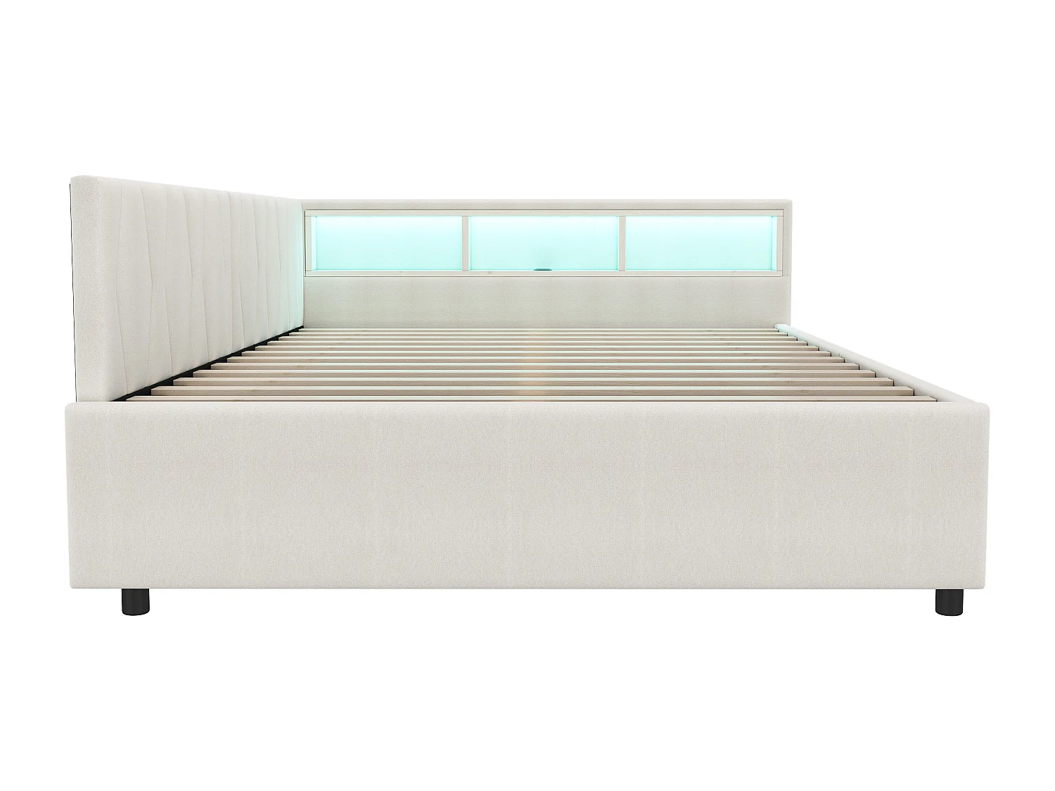 Lit adulte 140x200 cm - Lit double avec 2 tiroirs et rangement de chevet - éclairage LED et chargement USB - beige