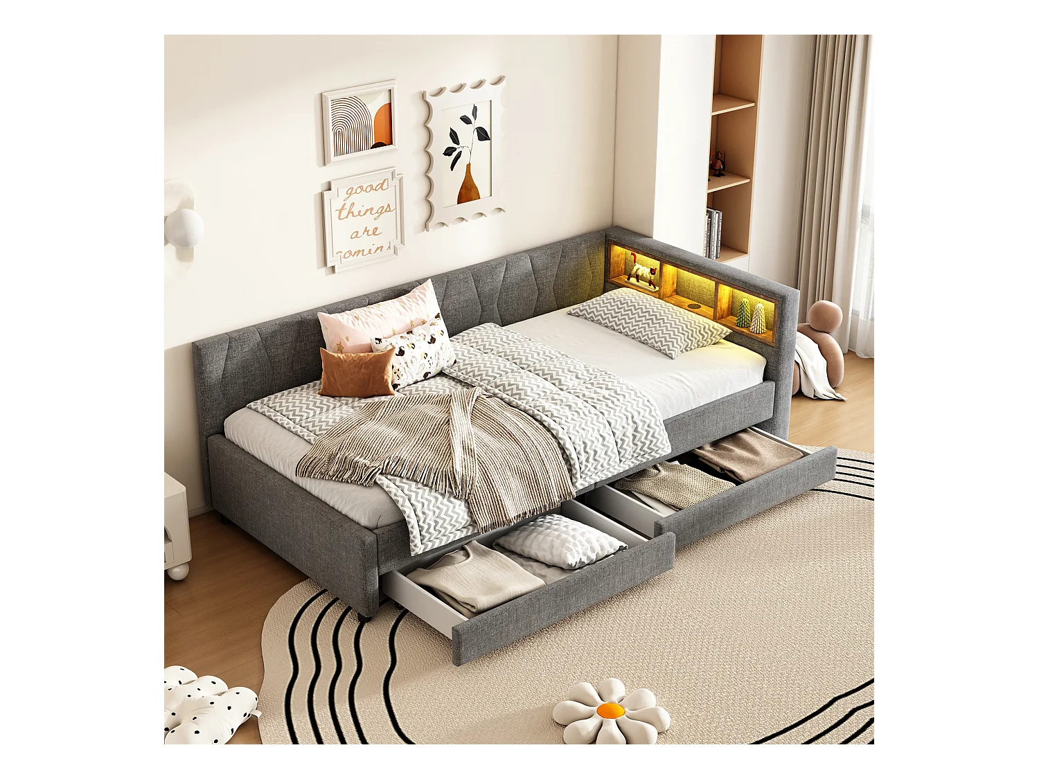 Lit enfant 90x200 cm - Lit simple avec 2 tiroirs et rangement de chevet - éclairage LED et chargement USB - gris