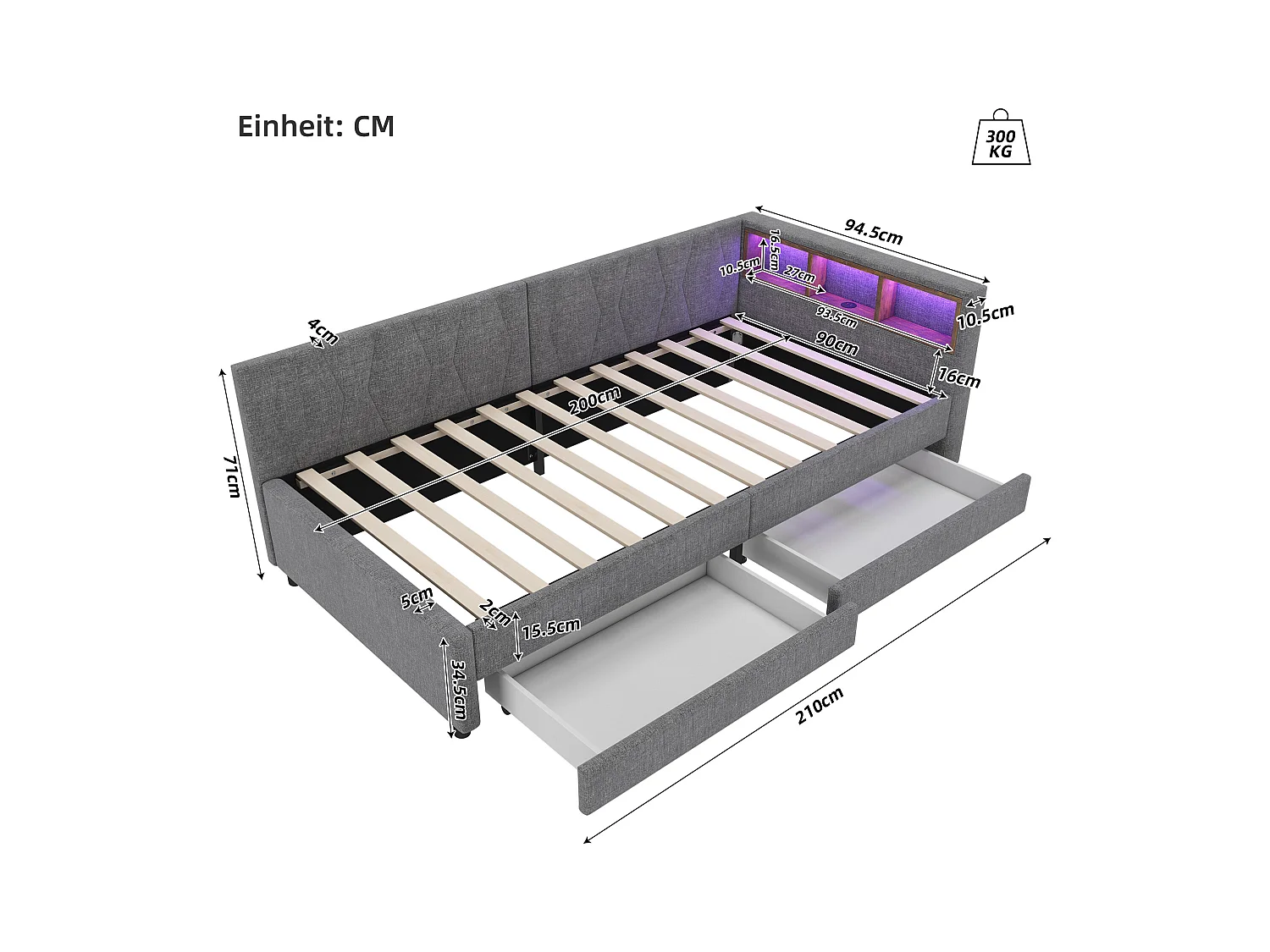 Letto per bambini 90x200 cm - Letto singolo con 2 cassetti e contenitore sul comodino - Illuminazione a LED e ricarica USB - grigio