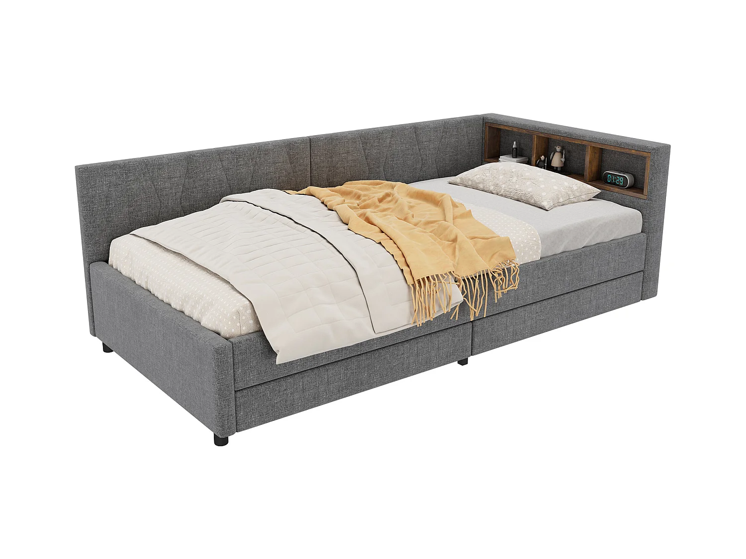 Letto per bambini 90x200 cm - Letto singolo con 2 cassetti e contenitore sul comodino - Illuminazione a LED e ricarica USB - grigio
