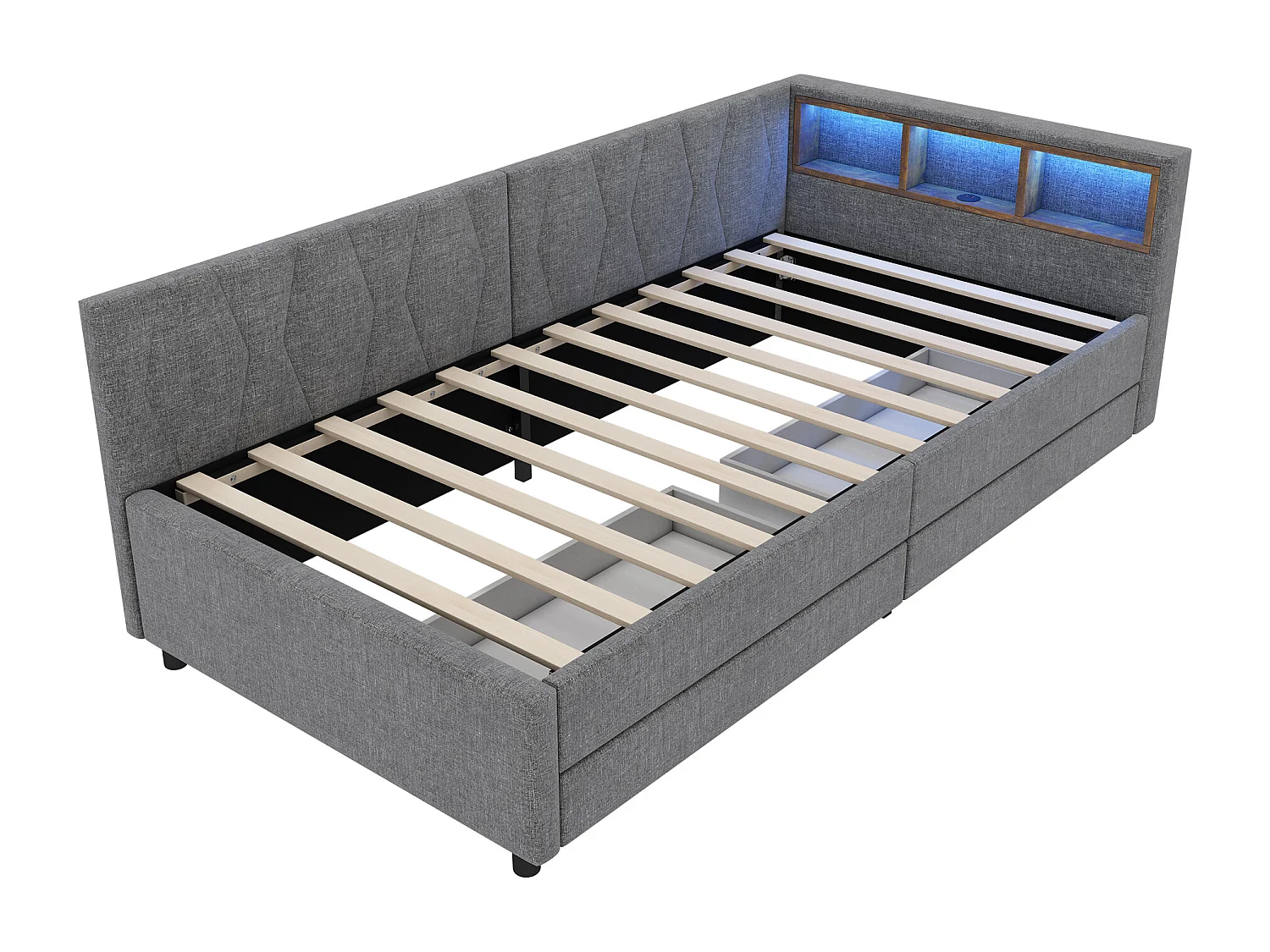 Kinderbed 90x200 cm - Eenpersoonsbed met 2 lades en nachtkastjes - LED-verlichting en USB-oplader - grijs