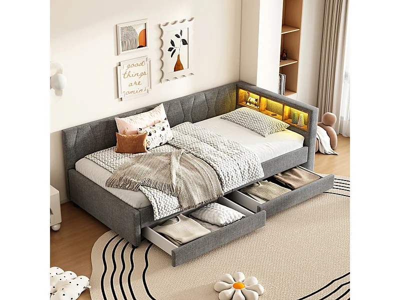 Kinderbed 90x200 cm - Eenpersoonsbed met 2 lades en nachtkastjes - LED-verlichting en USB-oplader - grijs