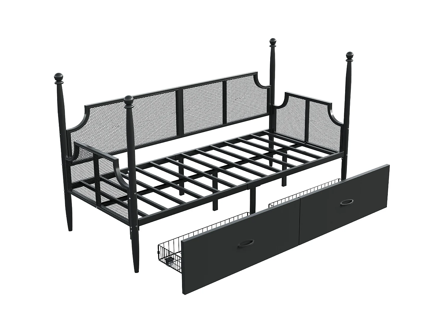 Lit enfant 90x200 cm - Lit simple avec dossier et 2 tiroirs - noir