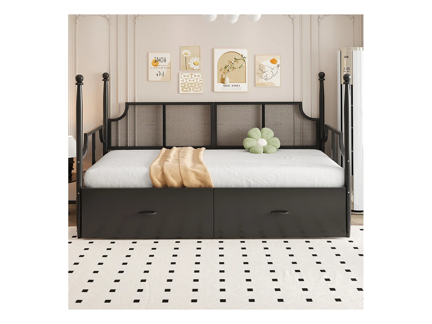 Lit enfant 90x200 cm - Lit simple avec dossier et 2 tiroirs - noir
