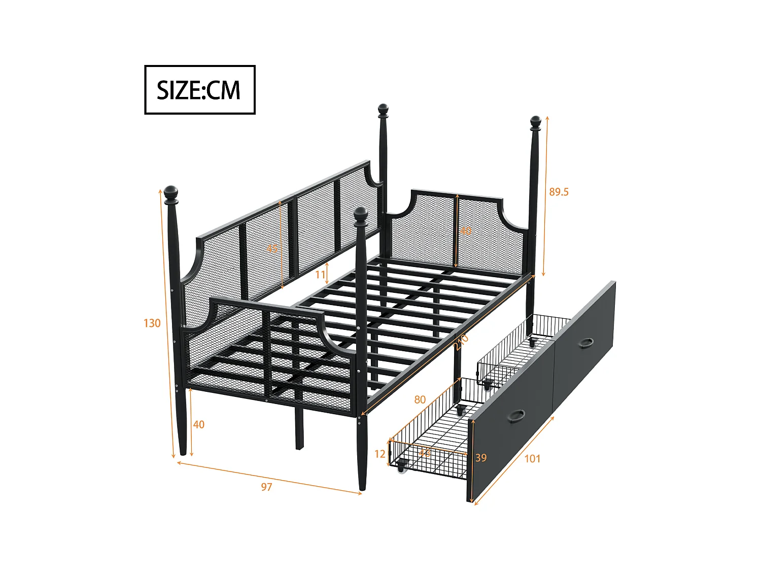 Lit enfant 90x200 cm - Lit simple avec dossier et 2 tiroirs - noir