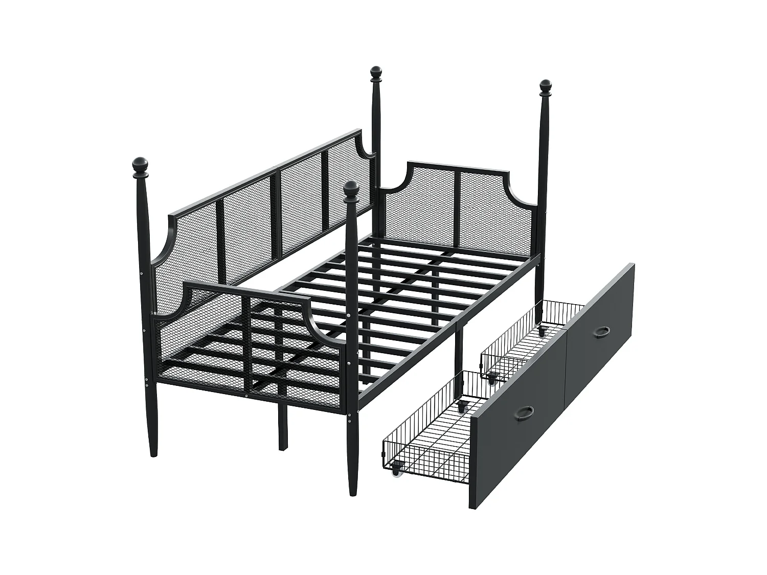 Lit enfant 90x200 cm - Lit simple avec dossier et 2 tiroirs - noir