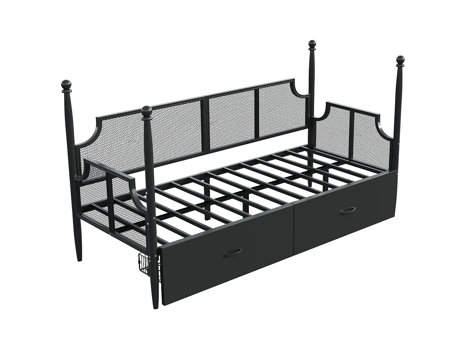 Lit enfant 90x200 cm - Lit simple avec dossier et 2 tiroirs - noir