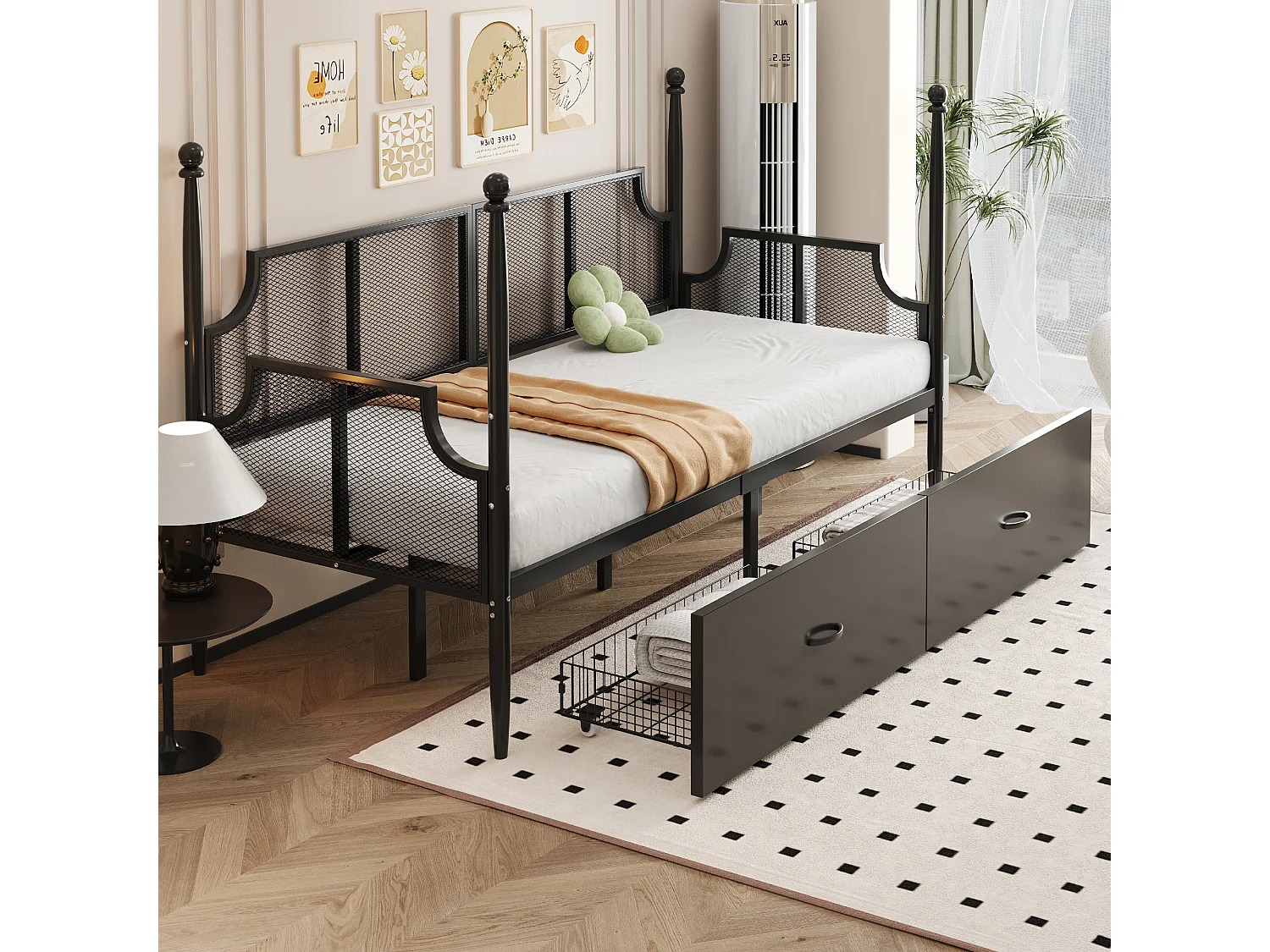 Lit enfant 90x200 cm - Lit simple avec dossier et 2 tiroirs - noir