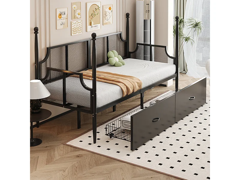 Łóżko dziecięce 90x200 cm - łóżko pojedyncze z oparciem i 2 szufladami - czarne