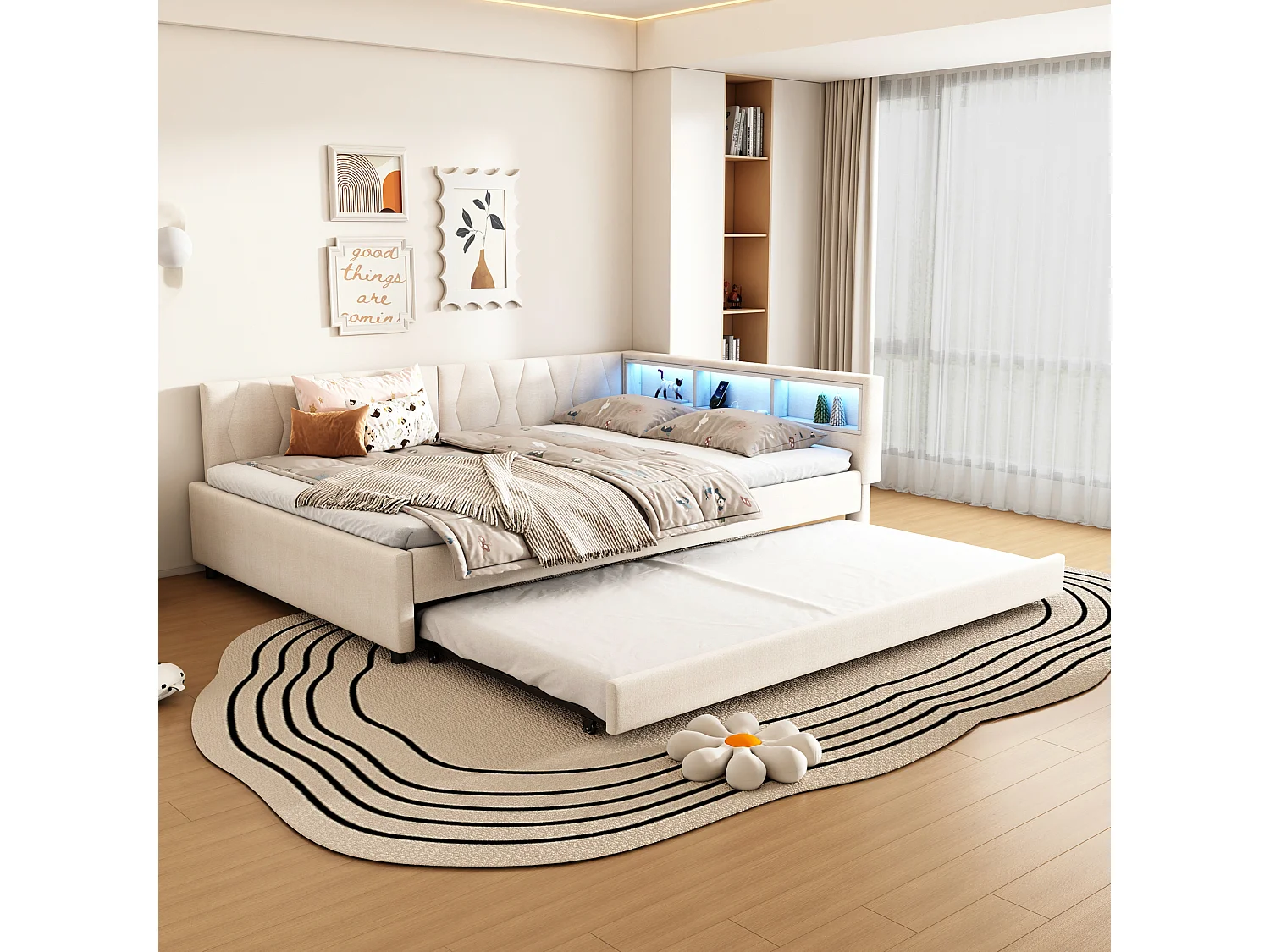 Uitschuifbed 140x200 cm - Volwassen bed met LED-verlichting en USB-oplader - open opbergruimte - beige linnen