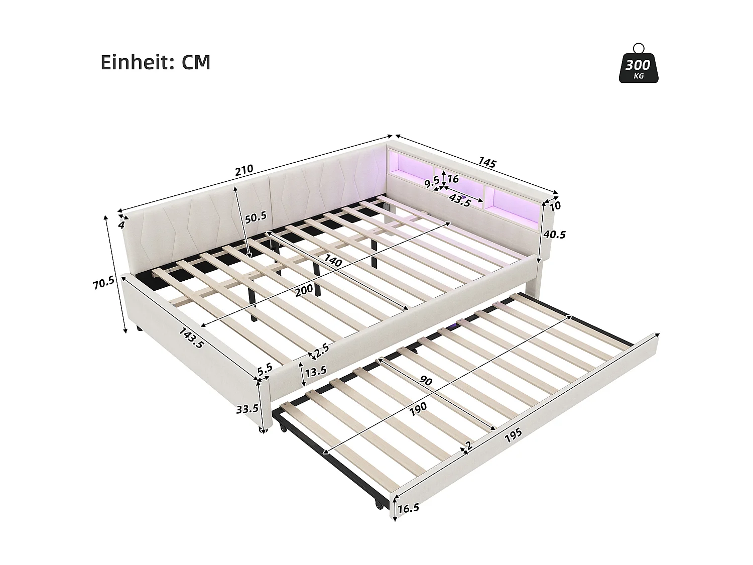 Uitschuifbed 140x200 cm - Volwassen bed met LED-verlichting en USB-oplader - open opbergruimte - beige linnen