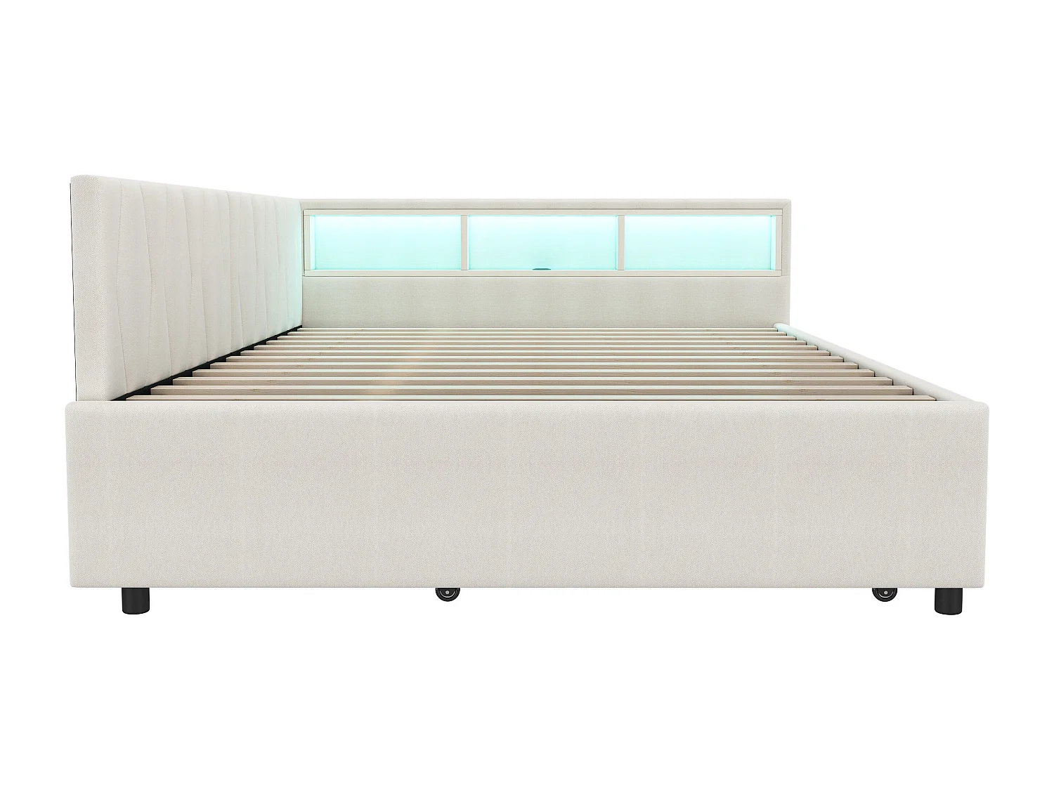 Lit gigogne 140x200 cm - Lit adulte avec éclairage LED et recharge USB - rangements ouverts - lin beige