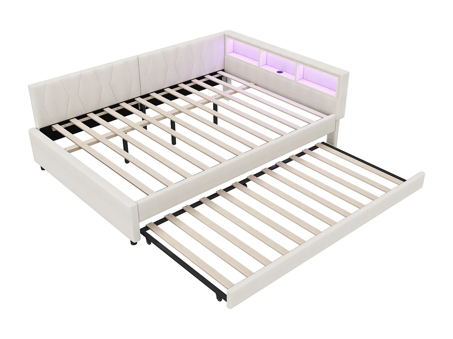 Lit gigogne 140x200 cm - Lit adulte avec éclairage LED et recharge USB - rangements ouverts - lin beige