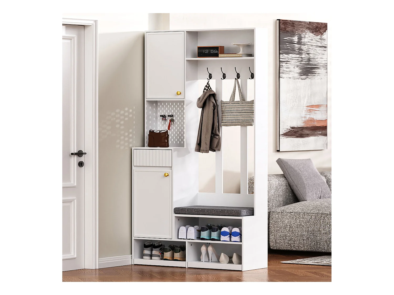 Taquilla con 2 puertas y 1 cajón - 4 ganchos y 5 compartimentos abiertos - blanco