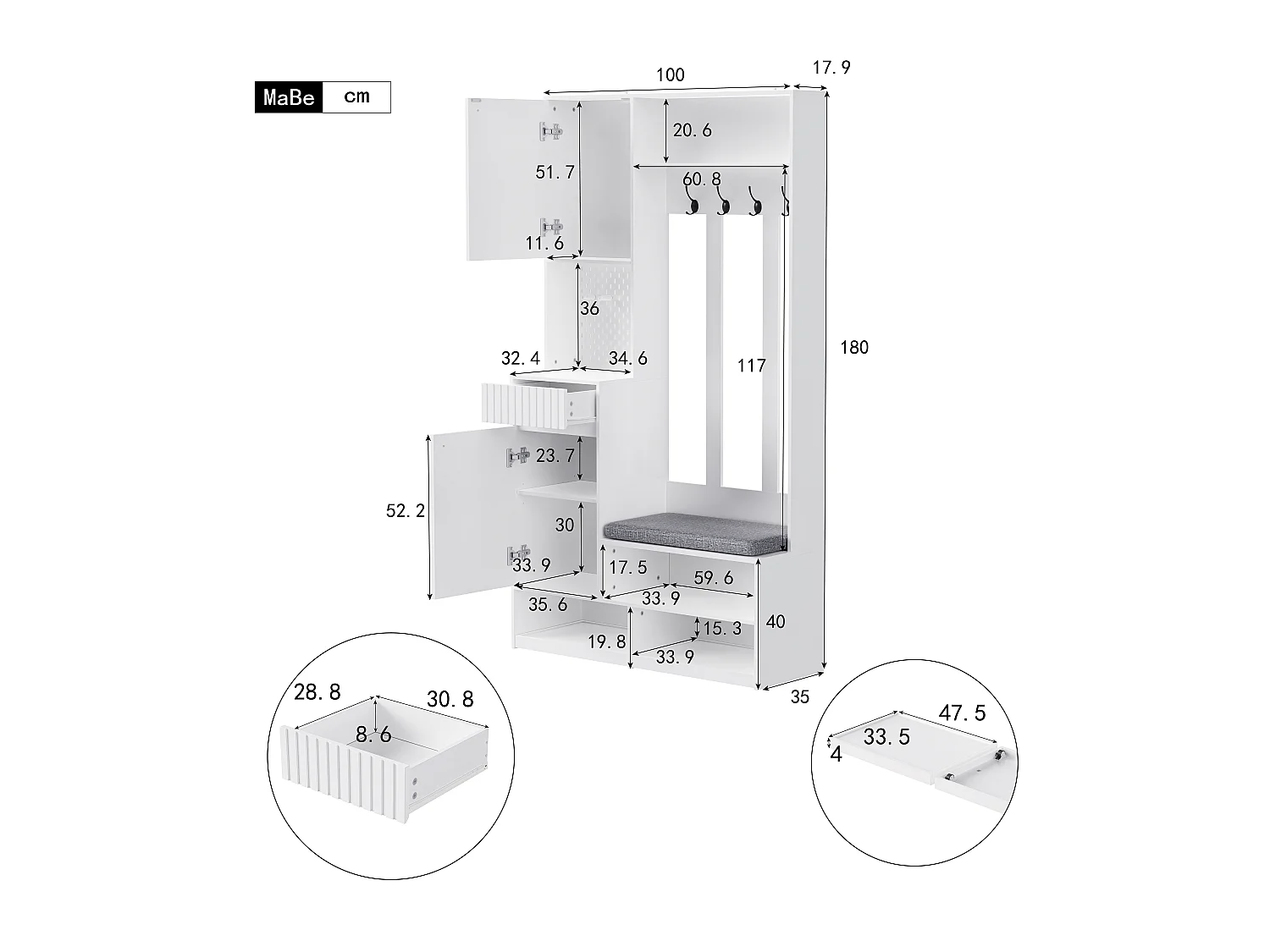Taquilla con 2 puertas y 1 cajón - 4 ganchos y 5 compartimentos abiertos - blanco