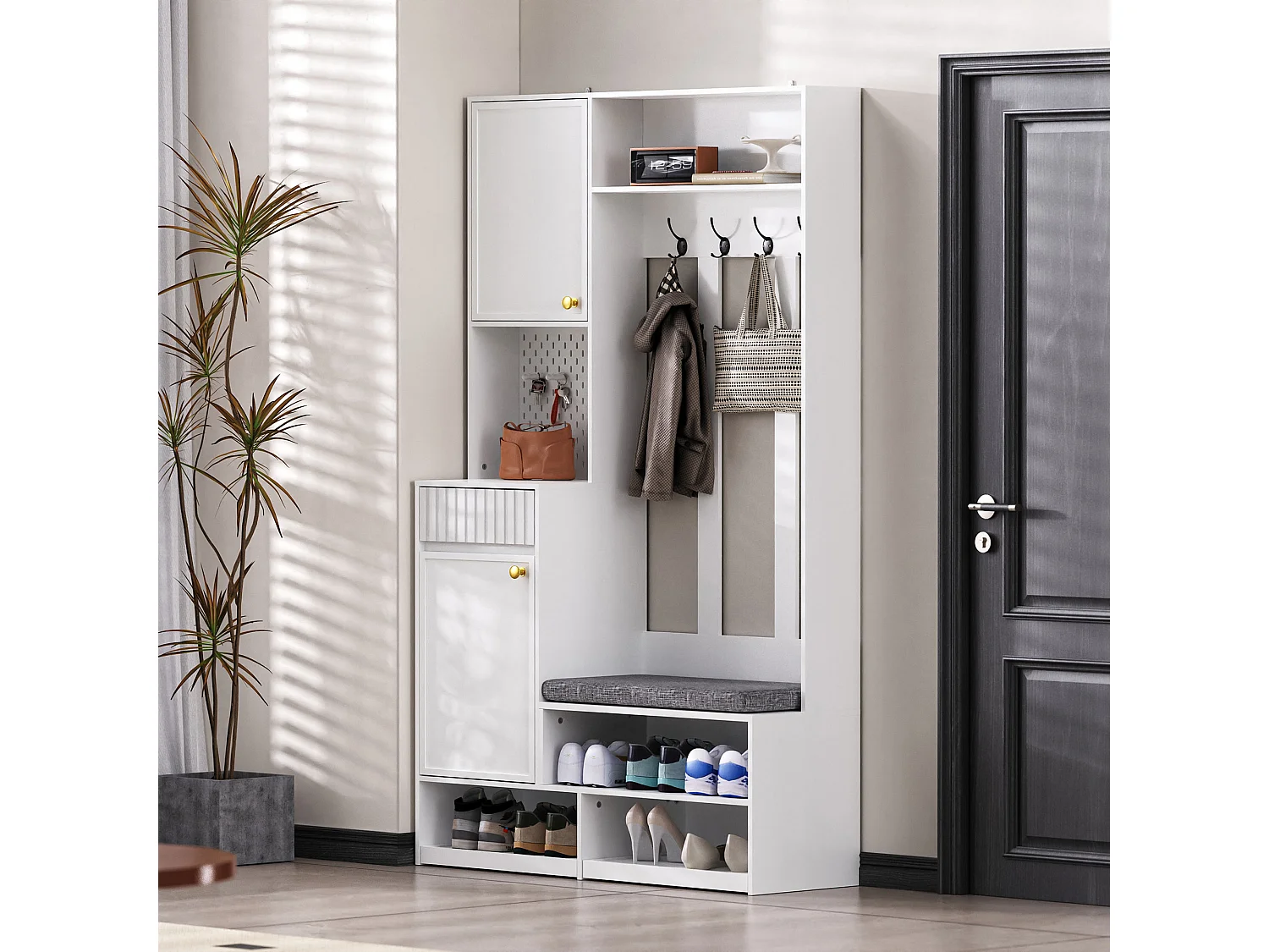 Vestiaire avec 2 portes et 1 tiroir - 4 crochets et 5 compartiments ouverts - blanc