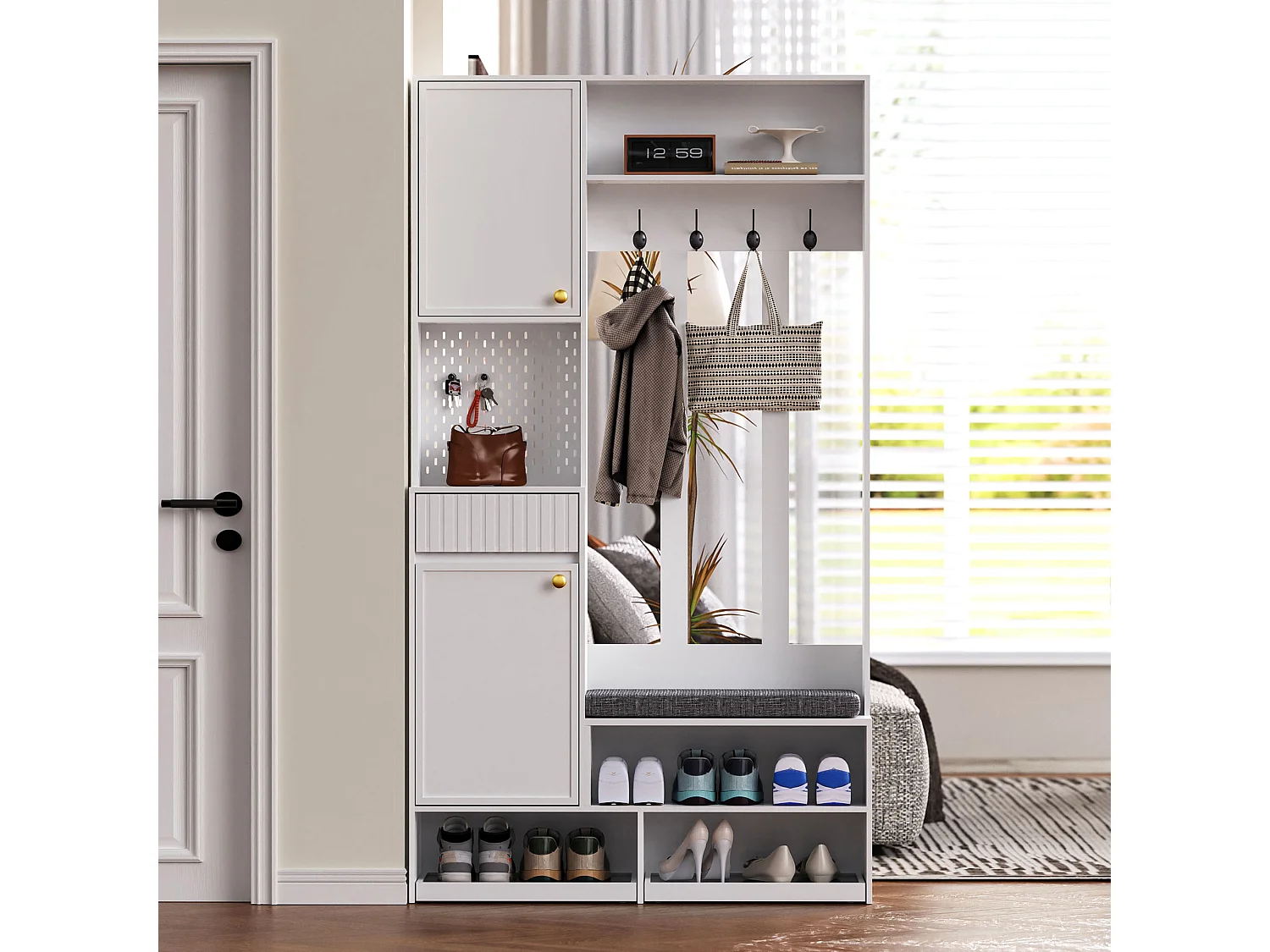 Vestiaire avec 2 portes et 1 tiroir - 4 crochets et 5 compartiments ouverts - blanc