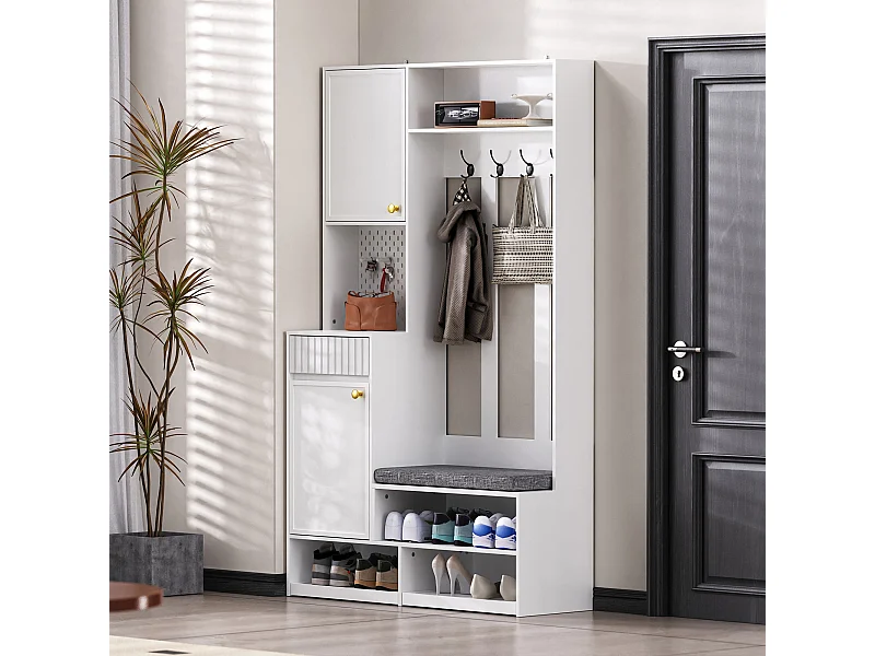 Armadietto con 2 ante e 1 cassetto - 4 ganci e 5 scomparti aperti - bianco