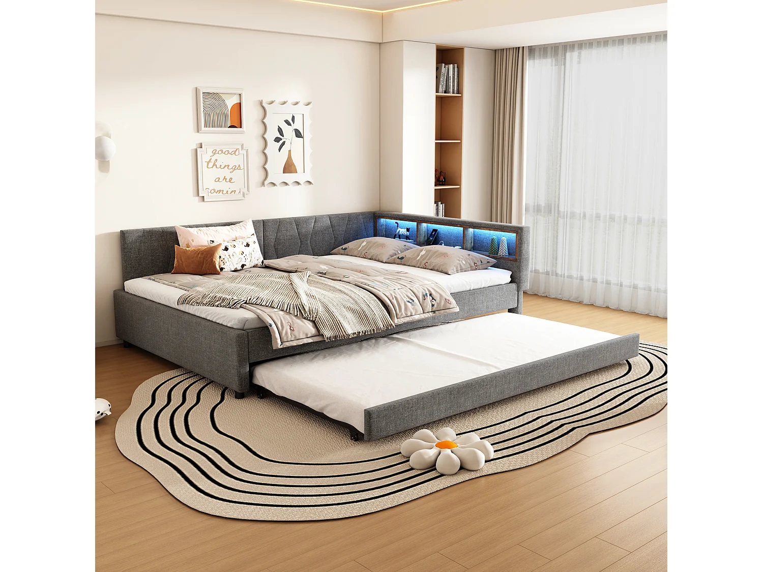 Uitschuifbed 140x200 cm - Volwassen bed met LED-verlichting en USB-oplader - open opbergruimte - grijs linnen